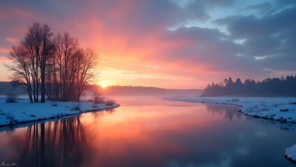 Winter sunrise over tranquil water reflecting vibrant sky and bare trees sunset clouds