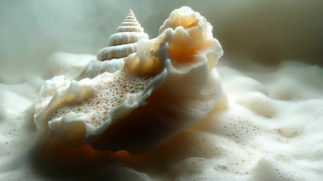 Natural beauty of a seashell surrounded by ocean foam on a tranquil shore during sunset