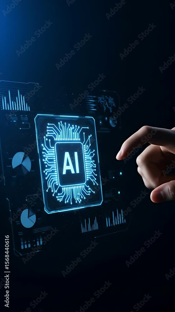 Aufkleber activating ai: finger touches a glowing ai chip on a holographic display with business data charts.