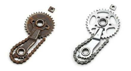 A compelling before-and-after comparison of a mechanical chain and sprocket set, isolated on a white background.