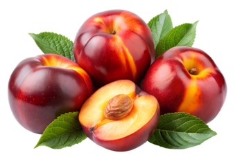 Several ripe nectarines with leaves are isolated on white background