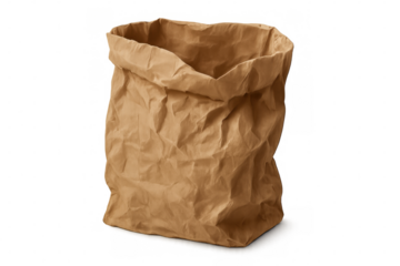 Crumpled kraft paper bag lying flat, representing sustainability, recyclable packaging solution for food service and retail