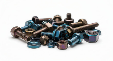 A vibrant collection of assorted anodized titanium fasteners, including bolts, nuts, and washers, artfully arranged in a pile