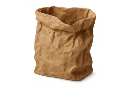 Crumpled kraft paper bag lying flat, representing sustainability, recyclable packaging solution for food service and retail