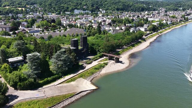 Ludendorff Bridge, WW2 icon, Remagen bridge, rhine river. Aerial video. World war 2 memorial and museum.
