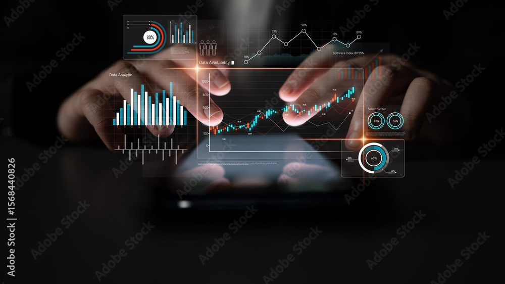 Poster data analytics dashboard with charts, indicators, and performance metrics, reveals trends, data anal