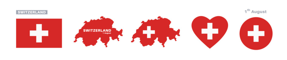 Fototapeta premium switzerland flag and map set. switzerland flag in official colors and proportions. independence day 1 august, map, circle and heart shaped switzerland 