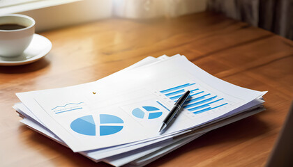 Business analytics: documents with graphs and a cup of coffee on a wooden table.