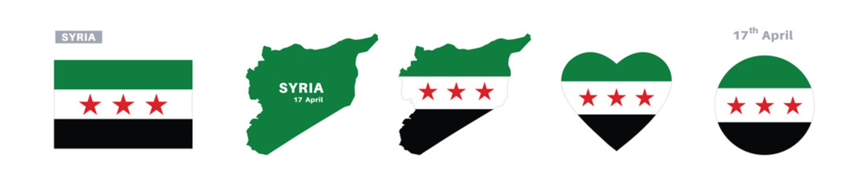 syria flag and map set. syria flag in official colors and proportions. independence day 27 april , map, circle and heart shaped syria 