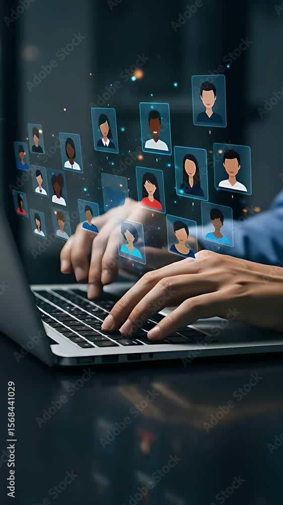 Poster networking: professional works on laptop to connect with global team represented in digital avatars,