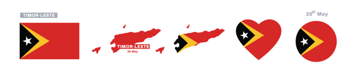 timor leste flag and map set. timor leste flag in official colors and proportions. independence day 20 may , map, circle and heart shaped timor leste