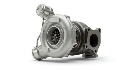 A modern, high-performance automotive turbocharger, meticulously detailed and isolated on a clean white background.