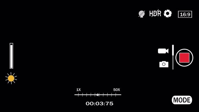 Horizontal smart phone camera recording screen  overlay animation vedio with alpha channel, Smartphone camera recording overlay frame with timecode timer with transparent background.
