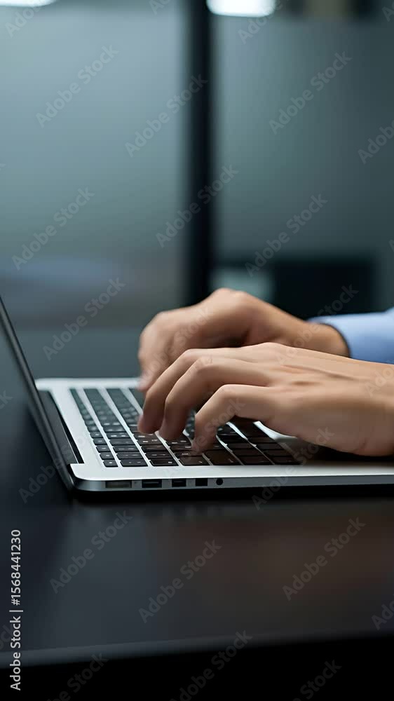 Poster typing: business professional works at a modern desk using a laptop in an office setting, focused on