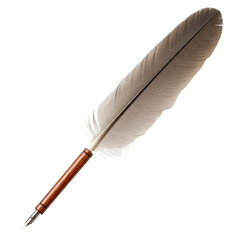 A detailed natural feather quill pen with a wooden handle for writing and calligraphy isolated on transparent background