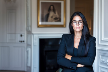 Confident businesswoman posing in elegant office with arms crossed