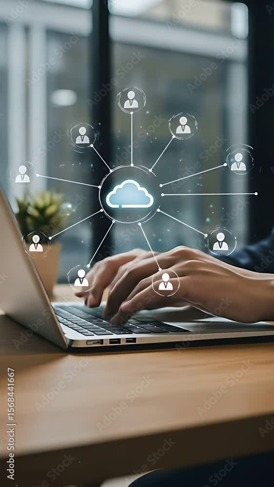 Poster cloud networking: business professional using laptop for cloud-based connection, digital data sharin