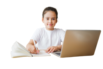 Young student engaged in homework while using a laptop, showcasing a focus on education and learning transparent background