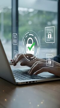 Data Security Secured: Hands type on a laptop showcasing digital protection, ensuring information integrity with enhanced encryption