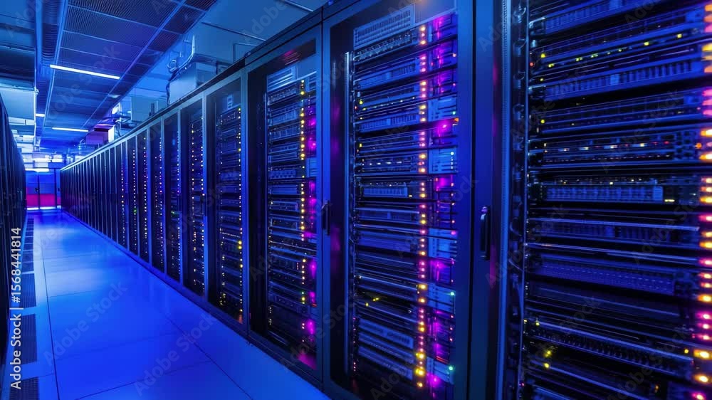 Poster data center with illuminated server racks and advanced technology at night