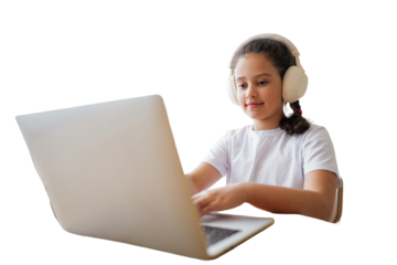 Young girl engaged in online learning while wearing headphones and using a laptop transparent background