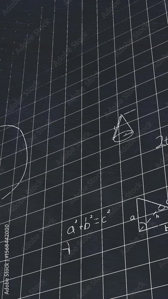 Poster animation of mathematical equations floating over grid network against black background