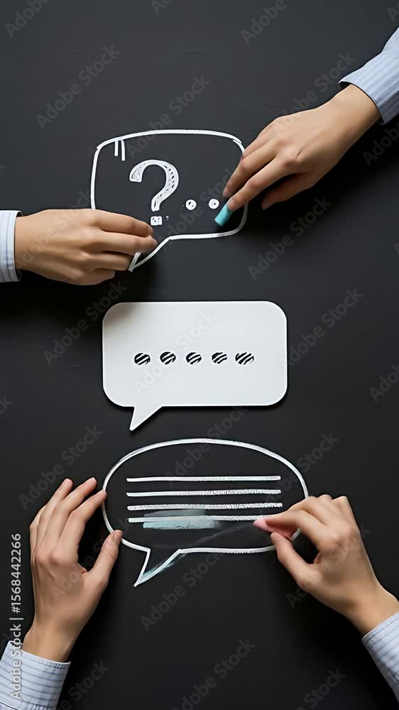 Poster brainstorming solutions: two people discussing question and answer in a team with communication bubb