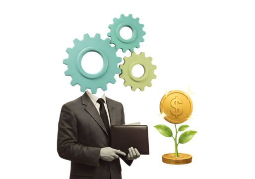 Businessman Head Replaced with Teal and Green Gears Holding Folder Near Growing... isolated on a transparent background