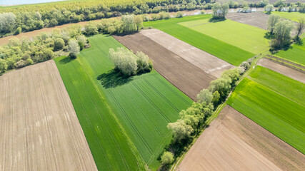 Aerial view of lush agricultural landscapes featuring vibrant green fields surrounded by trees and...