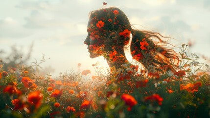 Flowery profile a woman's silhouette filled with flowers and sunlight blending with a blossoming meadow