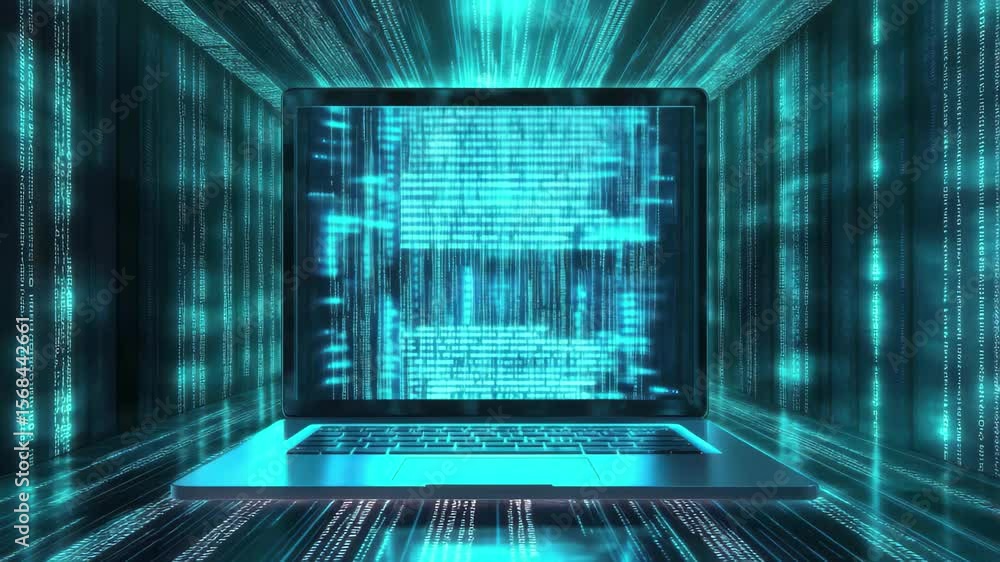 Poster visual representation of digital data and technology with glowing laptop screen