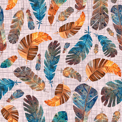 Pattern with hand drawn birds feather in watercolor technic. Endless print on light pink background with twill weave texture. Print for home textile, bed linen, women's wear.