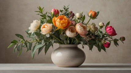 A beautiful bouquet of colorful ranunculus and roses sits in a ceramic vase on a neutral surface