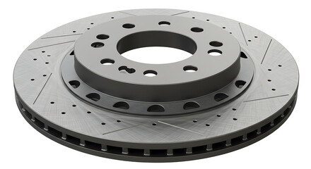 A high-performance drilled and slotted brake rotor isolated on a clean white background.