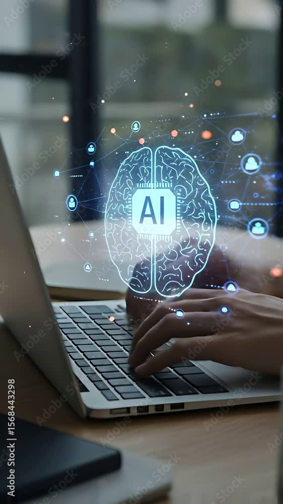 Poster ai innovation: woman typing on laptop showcasing artificial intelligence with digital brain and neur
