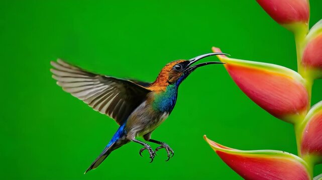 Colorful hummingbird feeding on vibrant tropical flower in lush garden