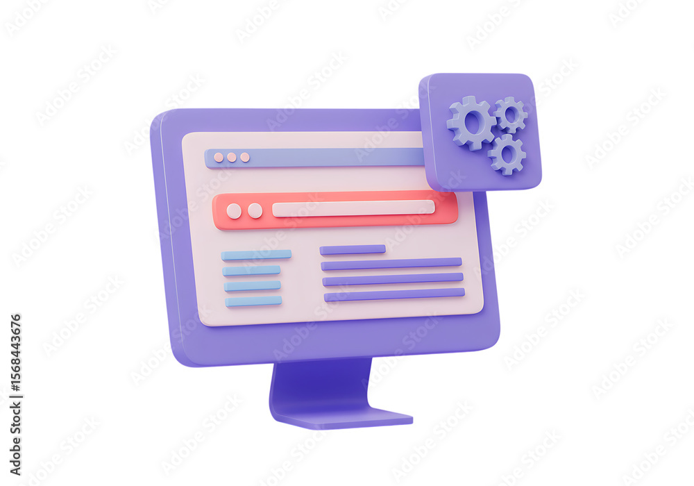 Fototapete purple stylized desktop computer 3 d render with gears isolated on a transparent background