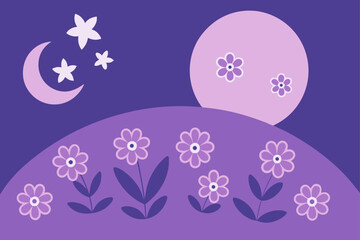 Hillside Moonlight Scene Soft Stars And Floral Patterns