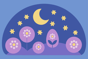 Hillside Moonlight Scene Soft Stars And Floral Patterns