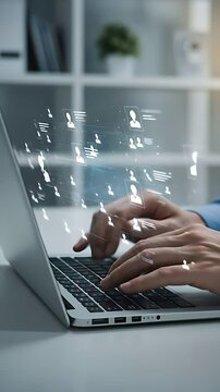 HR Technology: Adult Man Uses Laptop for Recruiting and Social Networking, Visualizing Talent and Team Management in Modern Office