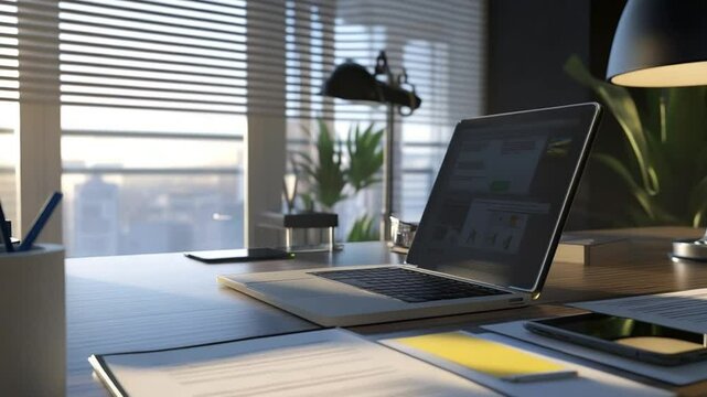 Modern Workspace Serenity: Laptop, Cityscape View, and Harmonious Office Ambience