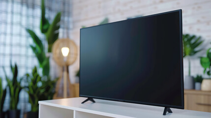 Sleek flat-screen TV displayed on minimalist white shelf, modern home entertainment and technology concept for living room interior design.
