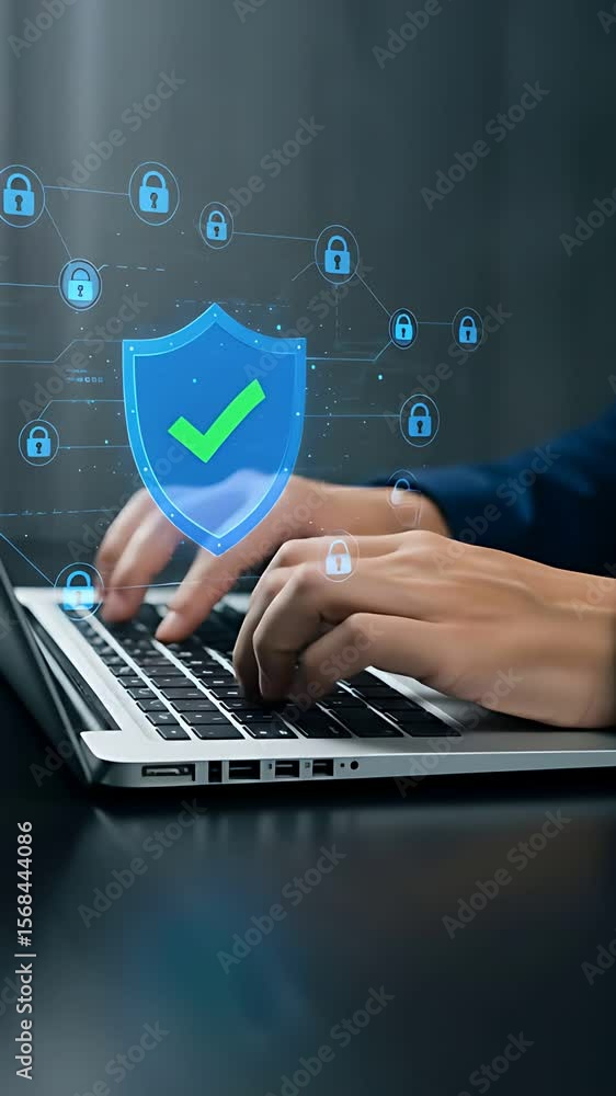 Poster cybersecurity assurance: a man diligently types on a laptop with protective shield displaying confir
