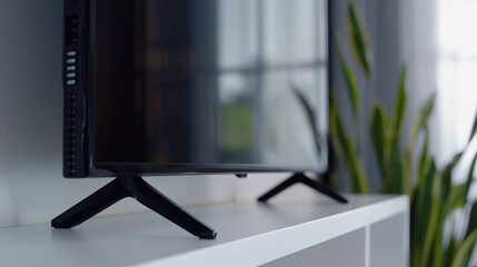 Sleek flat-screen TV displayed on minimalist white shelf, modern home entertainment and technology concept for living room interior design.
