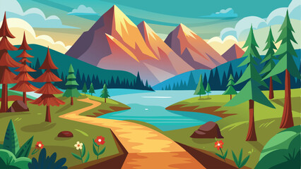 Cartoon Landscape with Path, Lake, Mountains, Trees, Flowers, and Colorful Sky Artwork