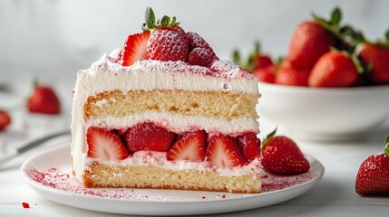 Freshly sliced strawberry cake on a white plate with vibrant strawberries in the background during a bright afternoon