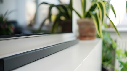 Sleek flat-screen TV displayed on minimalist white shelf, modern home entertainment and technology concept for living room interior design.
