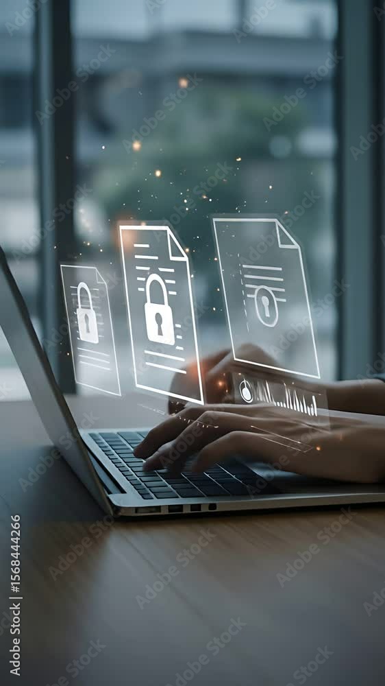 Poster data security: adult using a laptop indoors securing documents with encryption icons.