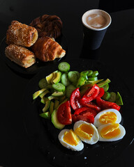 Delicious Breakfast Spread Salad Pastries and Coffee