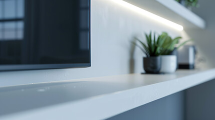 Sleek flat-screen TV displayed on minimalist white shelf, modern home entertainment and technology concept for living room interior design.
